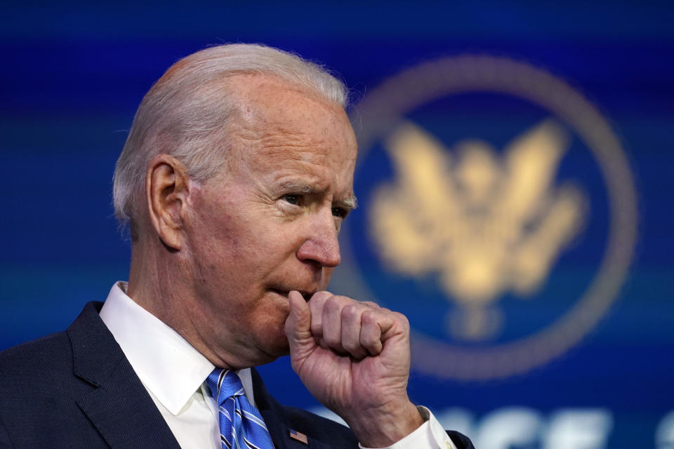 President-elect Joe Biden speaks about the COVID-19 pandemic during an event at The Queen theater, Thursday, Jan. 14, 2021, in Wilmington, Del. (AP Photo/Matt Slocum)