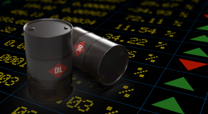 3D rendered two black oil barrels on digital financial chart screen with yellow numbers and rising, green, falling, red arrows on black background. Oil stocks
