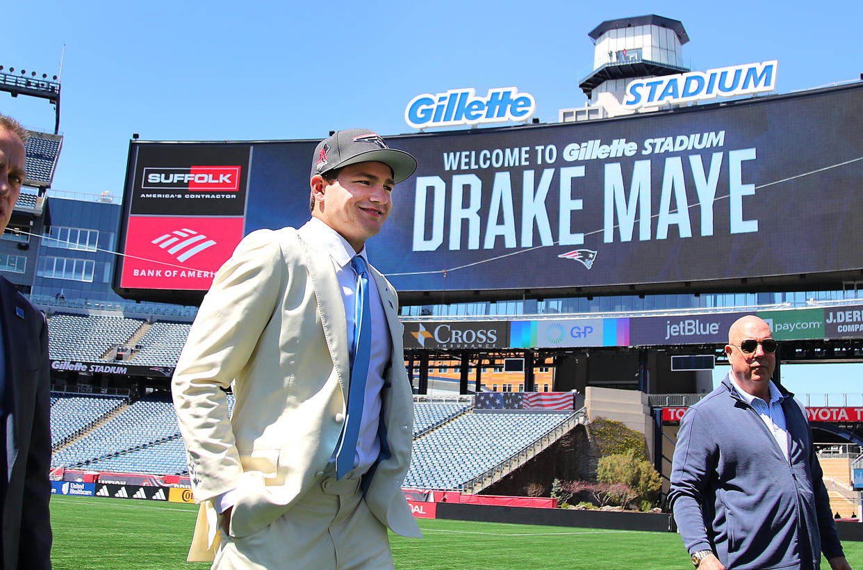 The New England Patriots will start a new era with quarterback Drake Maye. (Photo by John Tlumacki/The Boston Globe via Getty Images)