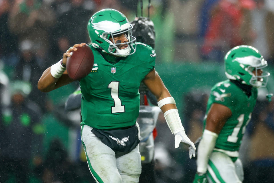 PHILADELPHIA, PENNSYLVANIA – NOVEMBER 26: Jalen Hurts #1 of the Philadelphia Eagles reacts after scoring a rushing touchdown during the first quarter against the Buffalo Bills at Lincoln Financial Field on November 26, 2023 in Philadelphia, Pennsylvania. (Photo by Tim Nwachukwu/Getty Images)