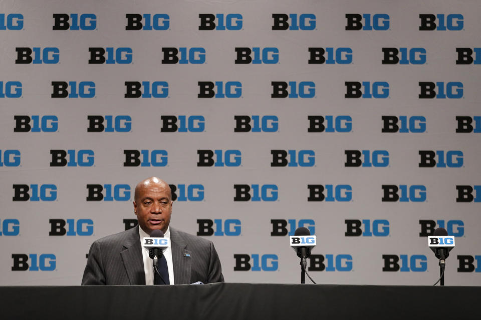 Big Ten commissioner Kevin Warren addresses the media in Indianapolis on March 12, 2020 after it was announced that the remainder of the Big Ten Conference men's basketball tournament was canceled. (AP Photo/Michael Conroy)