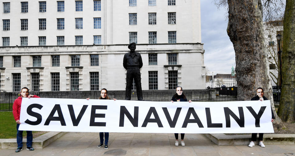 Supporters of Navalny stage a demonstration organized by the group "Art of Rebel" outside Downing Street in London on April 13, 2021.<span class="copyright">Facundo Arrizabalaga—EPA-EFE/Shutterstock</span>