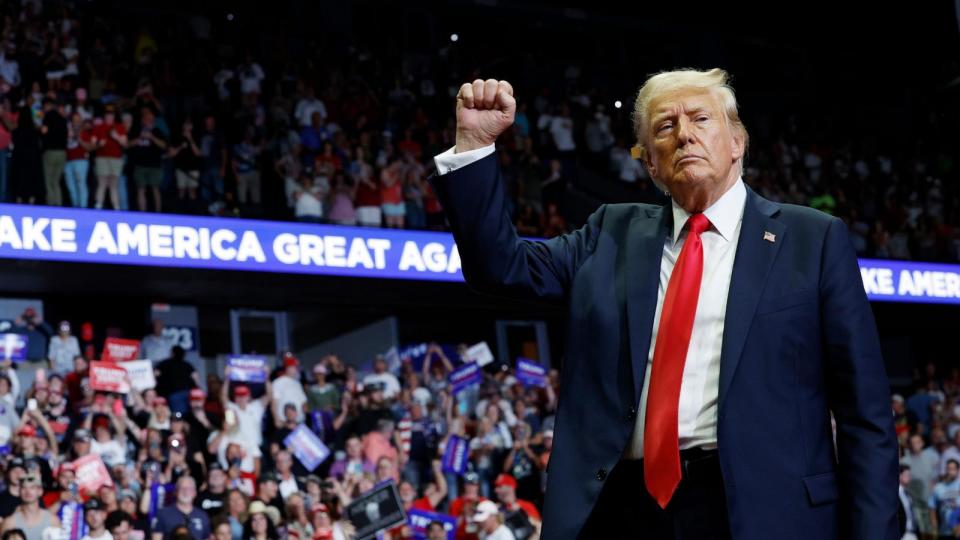 PHOTO: Former President Donald Trump walks offstage after  speaking at a campaign rally at the Van Andel Arena in Grand Rapids, MI, July 20, 2024. (Anna Moneymaker/Getty Images)