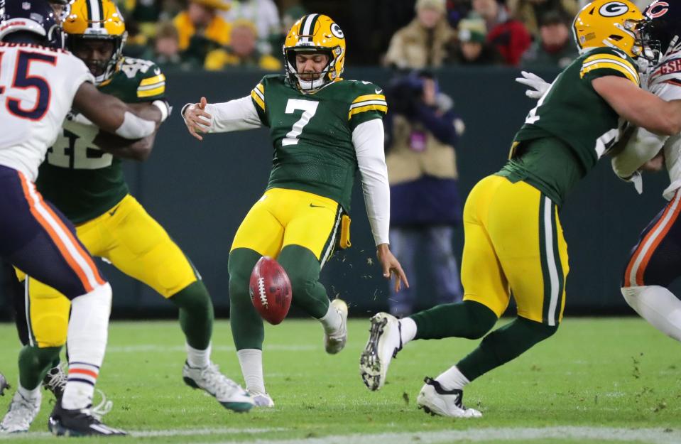 Green Bay Packers punter Corey Bojorquez (7) gets off a kick  during the second quarter of their game Sunday, December 12, 2021 at Lambeau Field in Green Bay, Wis. The punt was returned for a touchown Chicago Bears wide receiver Jakeem Grant Sr. The Green Bay Packers beat the Chicago Bears 45-30.