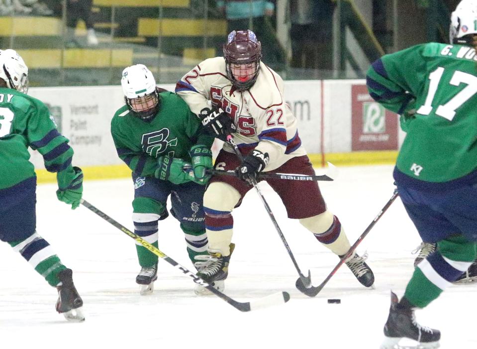 Spaulding's Rebecca McKelvey muscles through the BC defense during the Crimson Tide's 4-1 win over the Sealakers in the D1 title game earlier this month at UVM's Gutterson Fieldhouse.