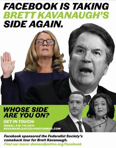 The Demand Justice flyer criticizing Facebook for sponsoring a Federalist Society gala honoring Brett Kavanaugh. (Photo: Demand Justice)