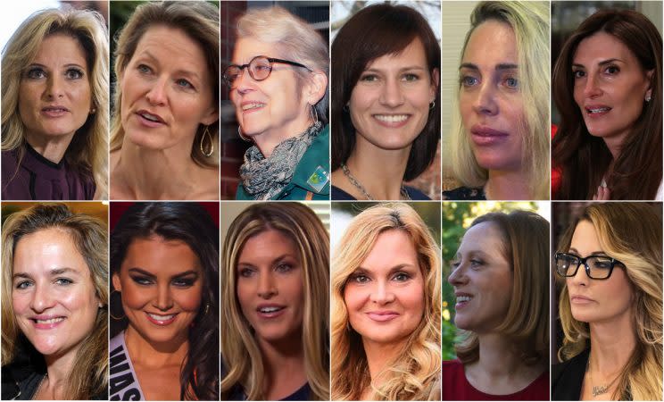 Trump's accusers, clockwise from top left: Summer Zervos, Kristen Anderson, Jessica Leeds, Rachel Crooks, Mindy McGillivray, Karena Virginia, Jessica Drake, Cathy Heller, Jill Harth, Temple Taggart, Cassandra Searles, Natasha Stoynoff. (Photos: Ringo H.W. Chiu/AP, ABC News, Julie Jacobson/AP, Linkedin, AP Video, Richard Drew/AP, Jonathon Ziegler/Patrick McMullan via Getty Images, Michael Stewart/WireImage/Getty Images, NBC, Twitter, Molly Redden/The Guardian, Ronen Tivony/NurPhoto via Getty Images)