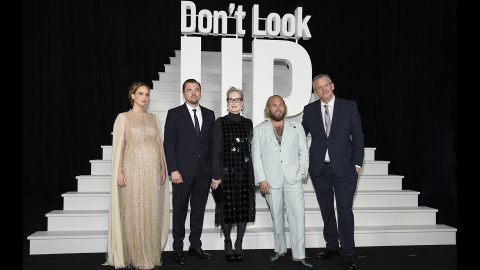 Jennifer Lawrence, Leonardo DiCaprio, Meryl Streep, Jonah Hill and Adam McKay pose together at the world premiere of the movie Don’t Look Up.