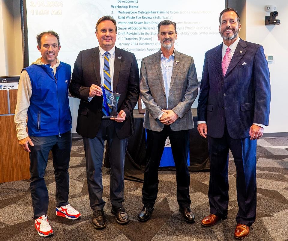 (Left) Mayor Shane McFarland, Chad Gehrke, Airport Director, Randy Hudgings, Board of Directors Member, Tennessee Aviation Association, Cannon Loughry, Murfreesboro Airport Commission Vice Chair. Airport Director Chad Gehrke holds the ‘Outstanding Contributions to General Aviation’ award on March 14.