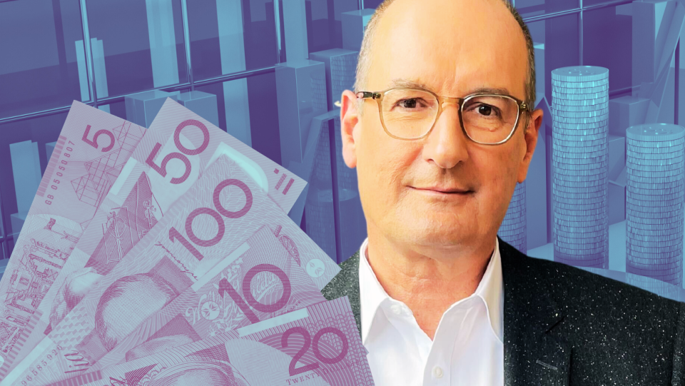 Stylised graphic of David Koch and money on a background of financial charts and piles of coins to represent inflation.