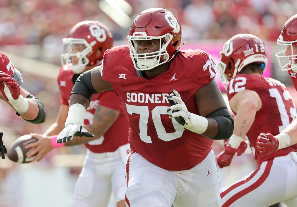 Oklahoma's Cayden Green (70) prepares to block in the first half of the college football game between the University of Oklahoma Sooners and the University of Central Florida Knights at Gaylord Family Oklahoma-Memorial Stadium in Norman, Okla., Saturday, Oct., 21, 2023.
