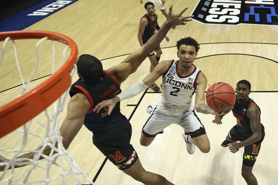 James Bouknight #2 of the Connecticut Huskies shoots against the Maryland Terrapins during the first half in the first round game of the 2021 NCAA Men's Basketball Tournament at Mackey Arena on March 20, 2021 in West Lafayette, Indiana. (Photo by Gregory Shamus/Getty Images)