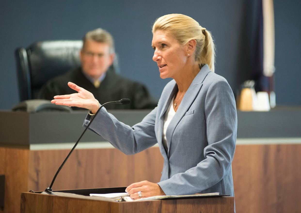 St. Clair County Senior Assistant Prosecuting Attorney Jennifer Smith Deegan questions potential jurors during a trial.