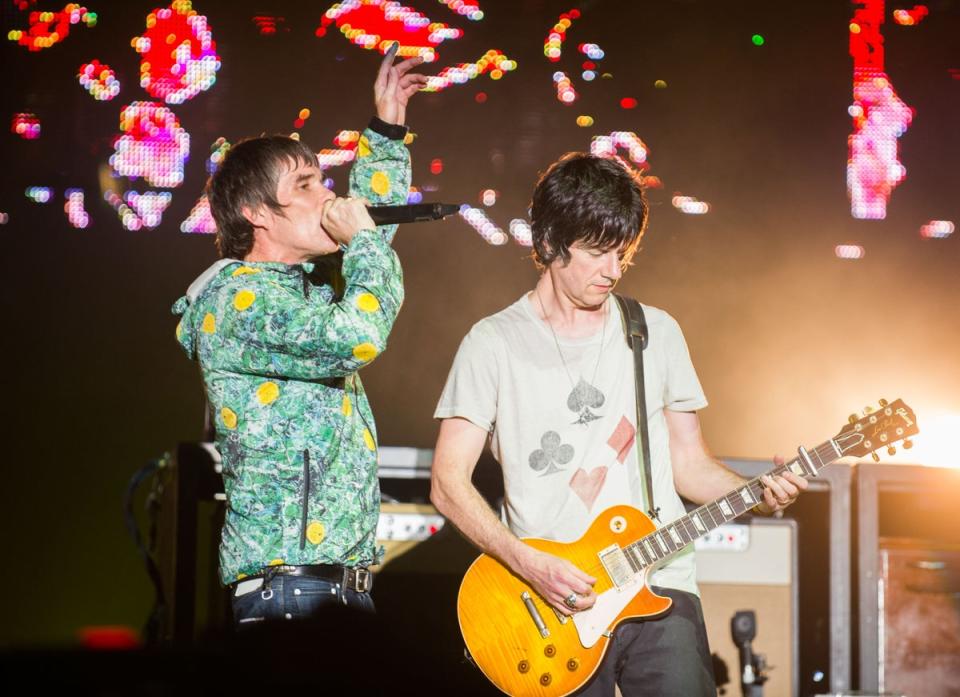 Ian Brown (l) and former The Stone Roses bandmate John Squire at V Festival in 2012 (Getty Images)