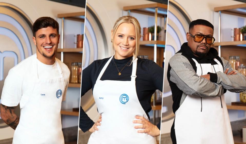 Celebrity Masterchef's quarter finalists Lucas Bish, Amy Walsh and Apl.De.Ap (BBC)