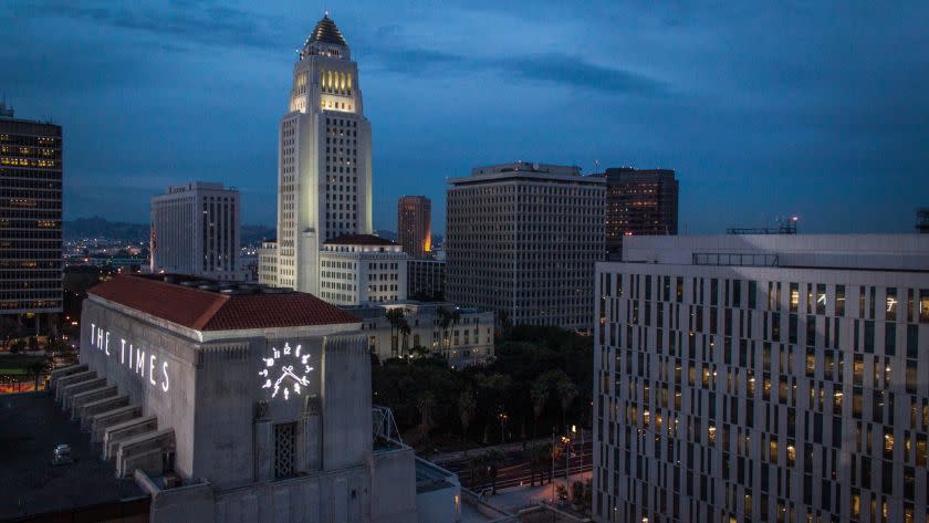 Mar. 28, 2013: Photo of Los Angeles Times building and Los Angeles City Hall taken from roof of Times South building.