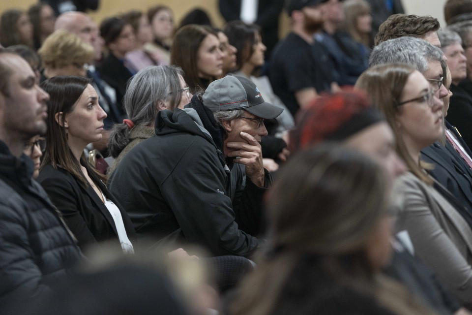 Friends, family, and supporters of the victims of the mass killings in rural Nova Scotia in 2020 attend the release of the Mass Casualty Commission inquiry's final report in Truro, Nova Scotia, Thursday, March 30, 2023. (Darren Calabrese/The Canadian Press via AP)
