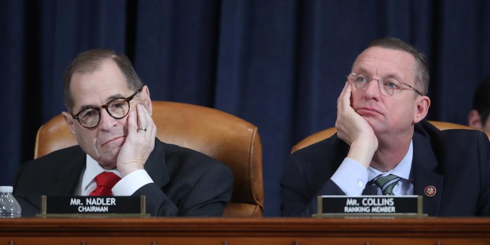  House Judiciary Committee Chairman Rep. Jerrold Nadler (D-NY) and ranking member Doug Collins (R-GA) listen to testimony as the committee holds a hearing to receive counsel presentations of evidence from the impeachment inquiry into U.S. President Donald Trump on Capitol Hill in Washington, U.S., December 9, 2019.  REUTERS/Jonathan Ernst/Pool  