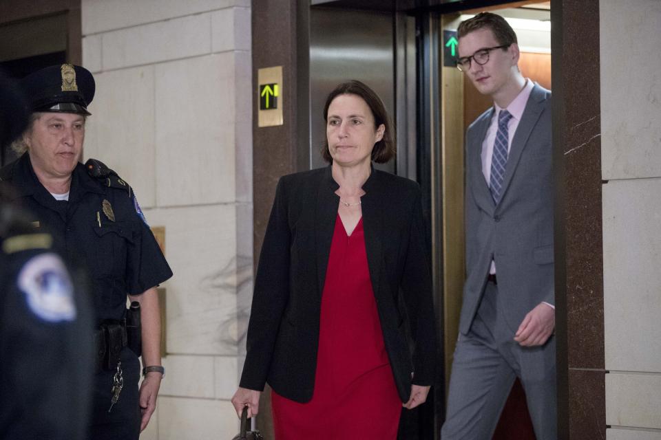 Former White House advisor on Russia, Fiona Hill, arrives on Capitol Hill in Washington, Monday, Oct. 14, 2019, as she is scheduled to testify before congressional lawmakers as part of the House impeachment inquiry into President Donald Trump. (AP Photo/Andrew Harnik)