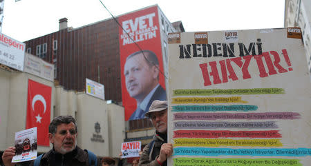 FILE PHOTO: Supporters of "Hayir" ("No") campaign at the main shopping and pedestrian street of Istiklal for the upcoming referendum in Istanbul, Turkey, April 9, 2017. REUTERS/Huseyin Aldemir/File Photo