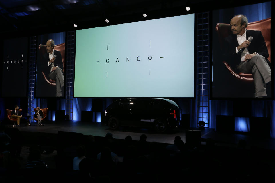 Ulrich Kranz, co-Founder & CEO of Canoo, unveils its first electric van model, Canoo, an electric vehicle (EV) for subscription only, at AutoMobility LA auto show in Los Angeles, Tuesday, Nov. 19, 2019. (AP Photo/Damian Dovarganes)