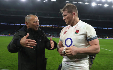 Eddie Jones, (L)the England head coach talks to his captain, Dylan Hartley after their victory during the NatWest Six Nations match between England and Wales at Twickenham Stadium on February 10, 2018 in London, England - Credit: David Rogers - The RFU