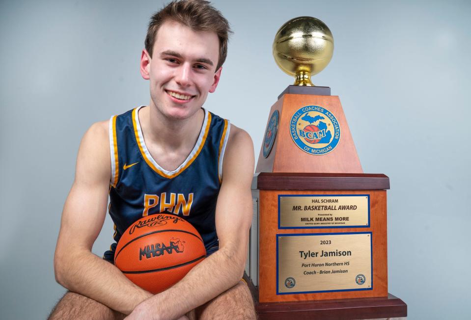 Port Huron Northern's Tyler Jamison was named the 2023 Michigan Hal Schram Mr. Basketball, Monday, March 20, 2023 at the Detroit Free Press.