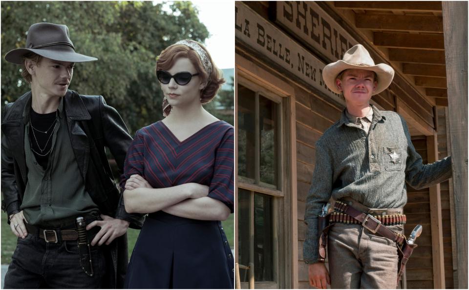Left: Brodie-Sangster and Taylor-Joy in The Queen's Gambit. Right: Brodie-Sangster in Godless. Both: Yeehaw aesthetic.