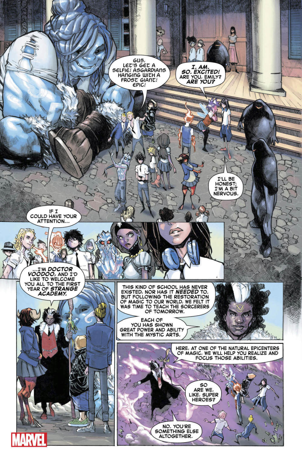 This image released by Marvel shows a page from the upcoming "Strange Academy" comic book. Marvel announced Thursday that the comic about a New Orleans-based school for young people with mystical powers will debut in March. (Humberto Ramos/Marvel via AP)