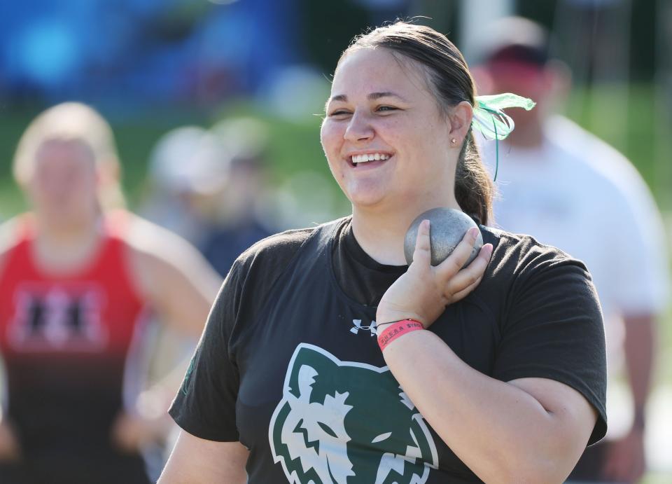 Green Canyon’s Abigail Blau wins the 4A girls shot put during the Utah high school track and field championships at BYU in Provo on Friday, May 19, 2023. | Jeffrey D. Allred, Deseret News