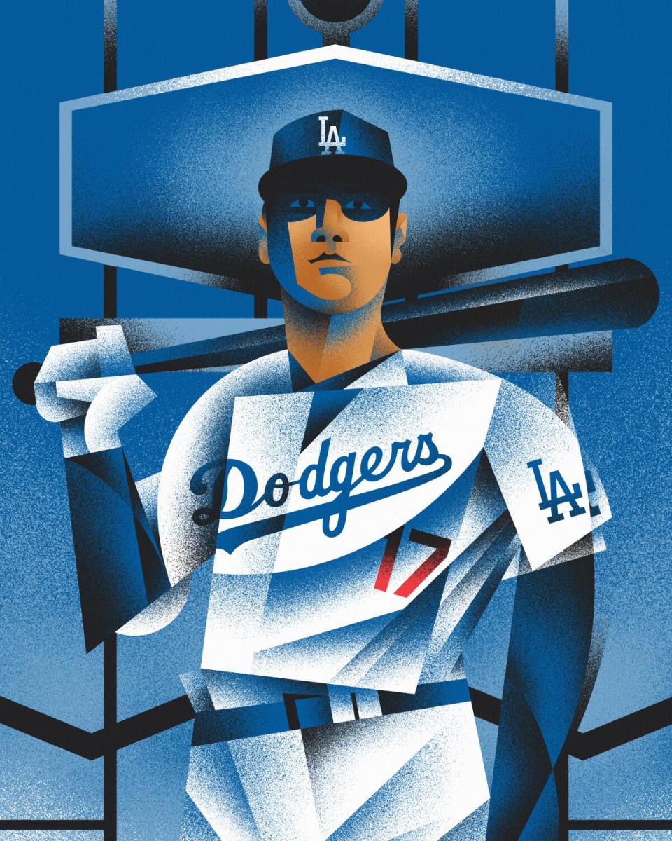 Illustration in cubist style of Shohei Ohtani wearing a Dodgers uniform holding a bat across his shoulders