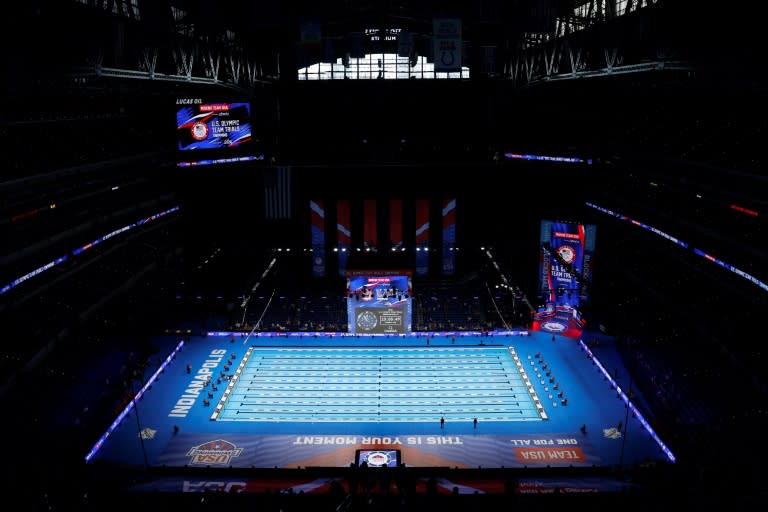 A general view of the competition pool on Day One of the 2024 US Olympic swimming trials at Lucas Oil Stadium (Sarah Stier)