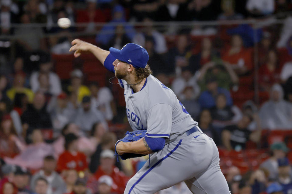 Kansas City Royals relief pitcher Alec Marsh delivers to a Boston Red Sox batter during the fourth inning of a baseball game at Fenway Park, Thursday, Aug. 10, 2023, in Boston. (AP Photo/Mary Schwalm)