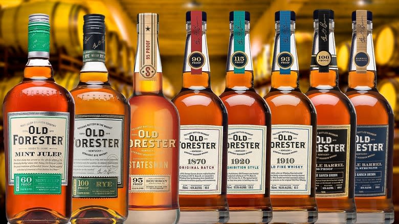 Several Old Forester expressions bottles