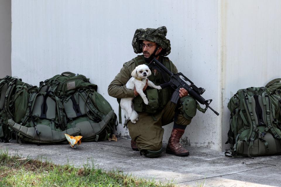 A soldier holding an injured dog as Israeli forces move into the Kfar Aza kibbutz where they found untold horror. (REUTERS)