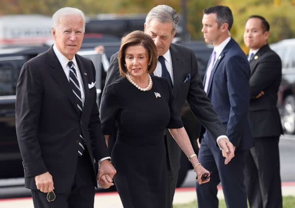 PHOTO: Former Vice President Joe Bidenv and House Speaker Nancy Pelosi arrive for the funeral service of Rep. Elijah Cummings at New Psalmist Baptist Church, Oct. 25, 2019, in Baltimore. (Steve Ruark/AP)