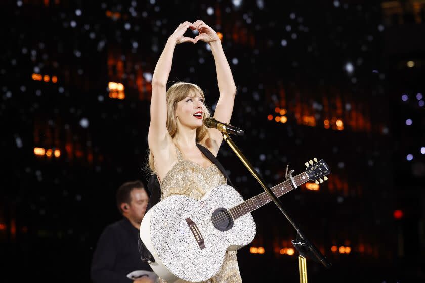 INGLEWOOD, CALIFORNIA - AUGUST 03: EDITORIAL USE ONLY. Taylor Swift performs onstage during "Taylor Swift | The Eras Tour" at SoFi Stadium on August 03, 2023 in Inglewood, California. (Photo by Emma McIntyre/TAS23/Getty Images for TAS Rights Management)