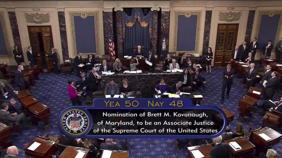 Vice President Mike Pence announces the result of the vote for the confirmation of Brett Kavanaugh to the Supreme Court in Washington. The bitterly polarized U.S. Senate narrowly confirmed Brett Kavanaugh on Saturday to join the Supreme Court, delivering an election-season triumph to President Donald Trump that could swing the court rightward for a generation after a battle that rubbed raw the country's cultural, gender and political divides. (AP Photo/APTN)