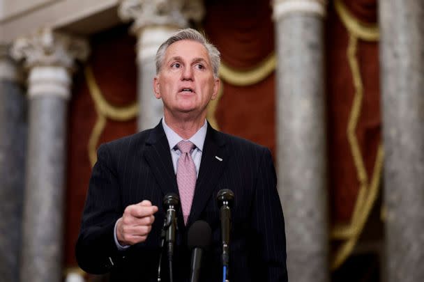 PHOTO: U.S. Speaker Kevin McCarthy (R-CA) speaks at a news conference in Statuary Hall of the U.S. Capitol Building, Jan. 12, 2023, in Washington. (Anna Moneymaker/Getty Images)