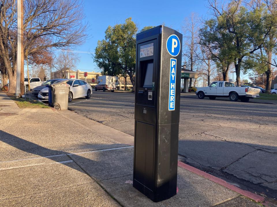 A view of parking on Yuba Street between East and Pine streets, where the city of Redding has installed a parking pay station.