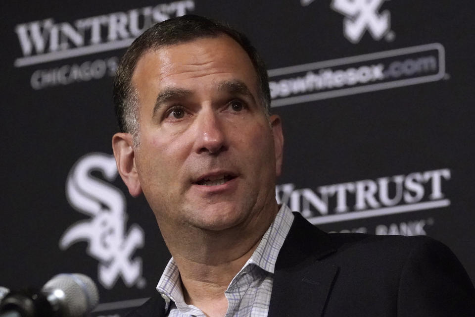 Rick Hahn, senior vice president/general manager of the Chicago White Sox, comments after manager Tony La Russa announced his retirement from the team due to medical reason before a baseball game between the White Sox and the Minnesota Twins, Monday, Oct. 3, 2022, in Chicago. (AP Photo/Charles Rex Arbogast)