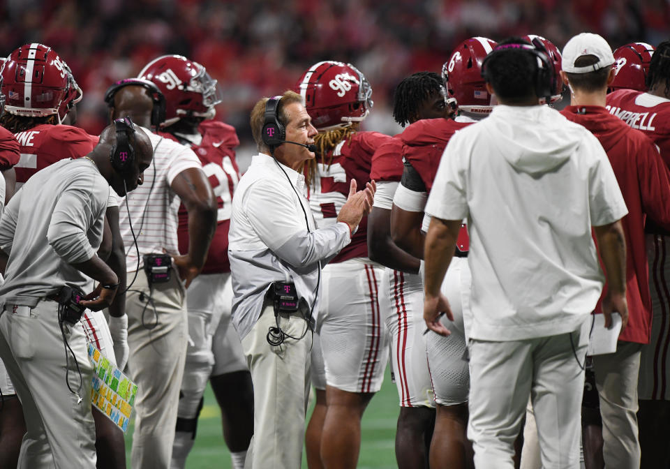 ATLANTA, GA - DECEMBER 02: Alabama Crimson Tide Head Coach Nick Saban looks on during the SEC Championship Game between the Georgia Bulldogs and the Alabama Crimson Tide on December 02, 2023, at Mercedes-Benz Stadium in Atlanta, GA. (Photo by Jeffrey Vest/Icon Sportswire via Getty Images)