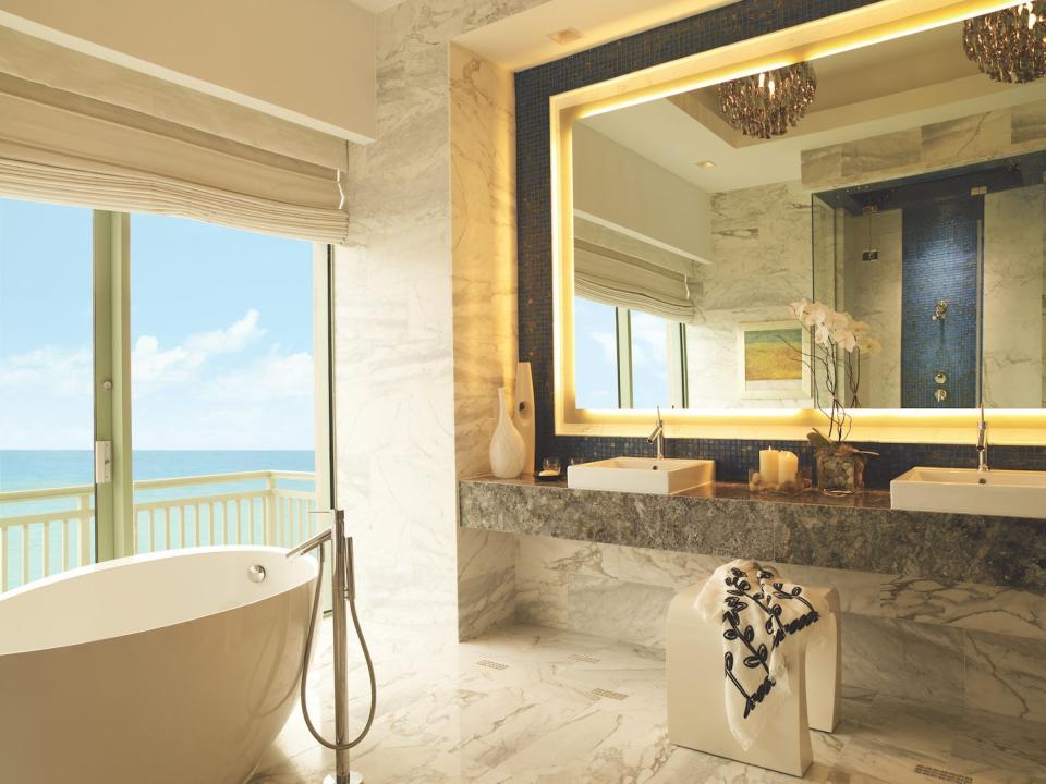 The bathroom of the three-bedroom penthouse suite inside at The Cove.