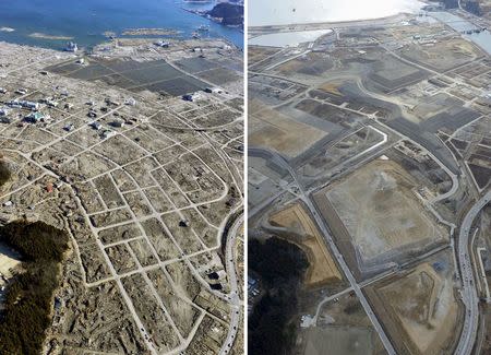 The tsunami-devastated Rikuzentakata city in Iwate prefecture, is seen in these images taken April 5, 2011 (L) and February 16, 2016, in this combination picture released by Kyodo on February 26, 2016 file photo, ahead of the five-year anniversary of the March 11, 2011 earthquake and tsunami disaster. REUTERS/Kyodo/Files.