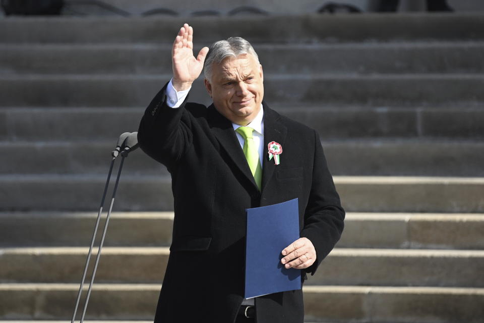 Hungarian Prime Minister Viktor Orban delivers his speech during the official state ceremony to mark 176th anniversary of the outbreak of the 1848 revolution and war of independence against Habsburg rule at the Hungarian National Museum, in Budapest, Hungary, Friday, March 15, 2024. (Szilard Koszticsak/MTI via AP)