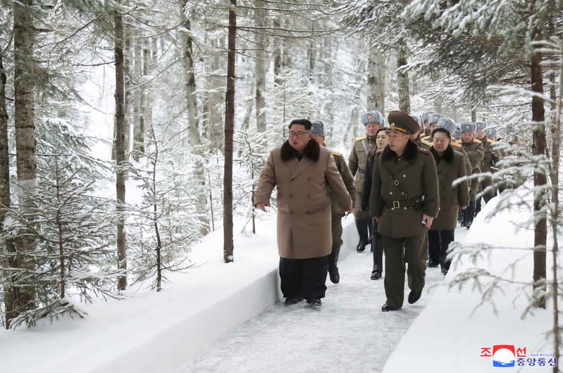 KCNA picture of North Korean leader Kim Jong Un visiting battle sites in areas of Mt Paektu