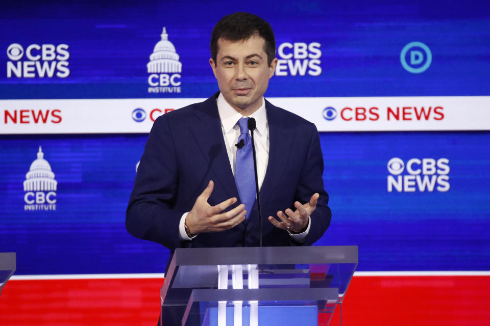 Democratic presidential candidate former South Bend Mayor Pete Buttigieg participates in a Democratic presidential primary debate at the Gaillard Center, Tuesday, Feb. 25, 2020, in Charleston, S.C., co-hosted by CBS News and the Congressional Black Caucus Institute. (AP Photo/Patrick Semansky)
