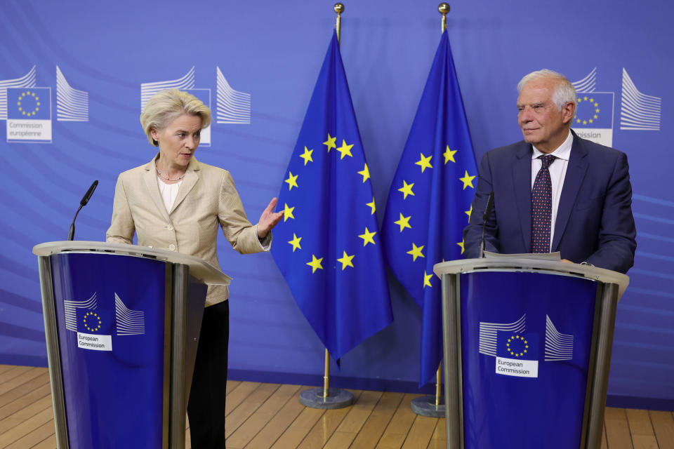 European Commission President Ursula von der Leyen, left, and European Union foreign policy chief Josep Borrell address a media conference at EU headquarters in Brussels on Wednesday, Sept. 28, 2022. The European Union's top diplomat says the bloc suspects that damage to two underwater natural gas pipelines was sabotage and is warning of retaliation for any attack on Europe's energy networks. (AP Photo/Olivier Matthys)