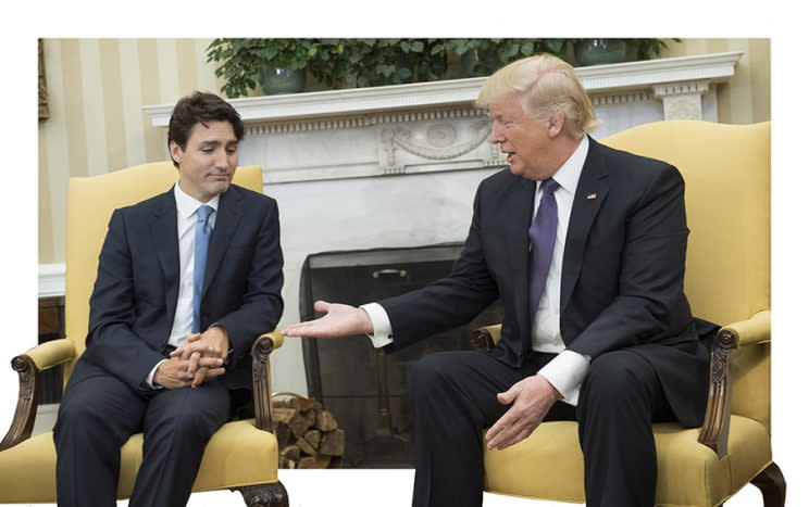 President Trump has an awkward moment with Canadian Prime Minister Justin Trudeau. (Photo: AP)