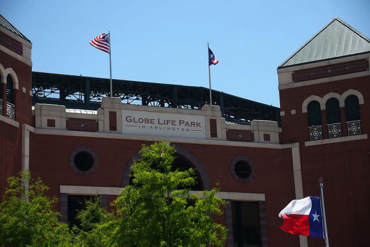 ARLINGTON, TX - MAY 03: A general view of Globe Life Park in Arlington before a game between the Oakland Athletics and the Texas Rangers on May 3, 2015 in Arlington, Texas. (Photo by Ronald Martinez/Getty Images)